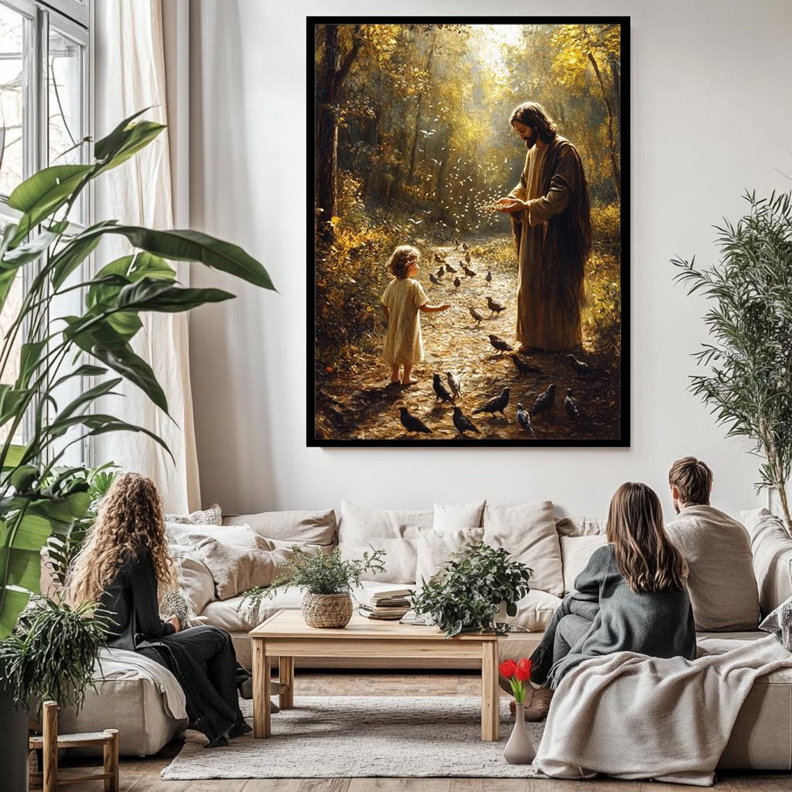 Jesus Feeding Birds With Child On Forest Path Dappled Light Wall Art - Image 3