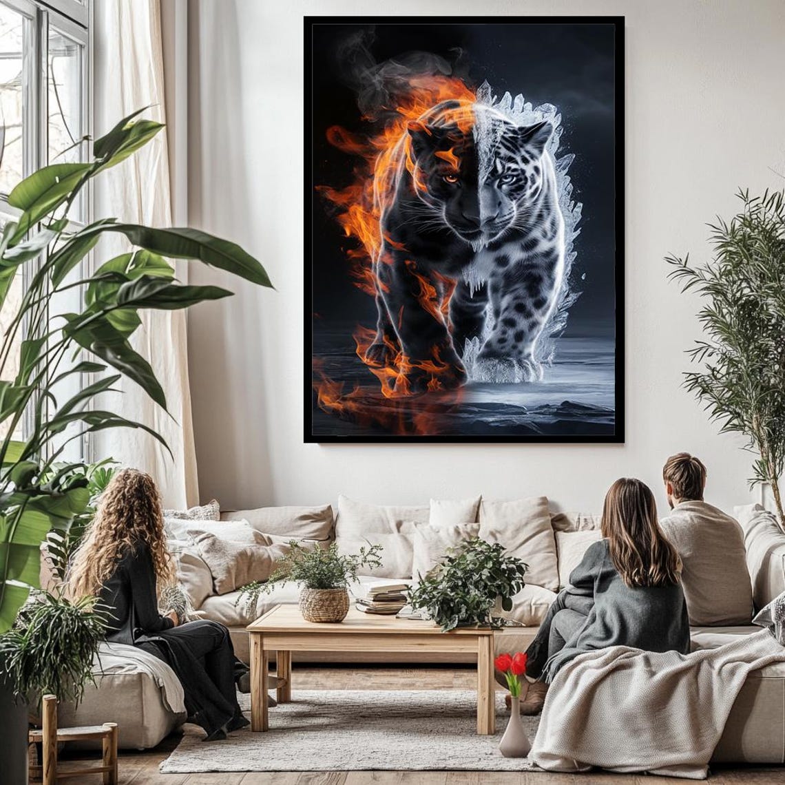 Fire And Ice Tiger Flames Frost Split Dramatic Wildlife Wall Art - Image 3