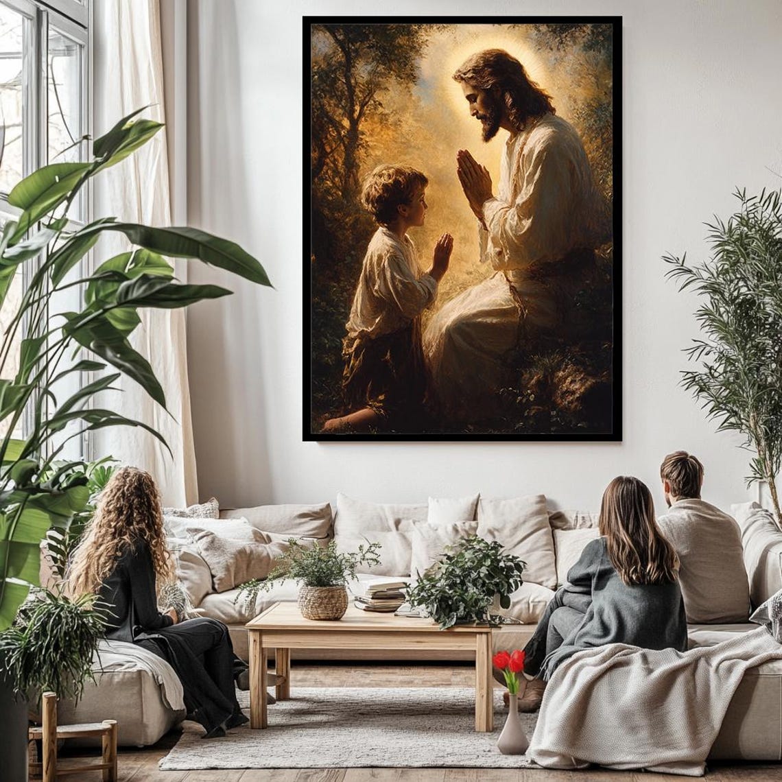 Jesus Praying Together With Young Boy Warm Golden Glow Poster - Image 3
