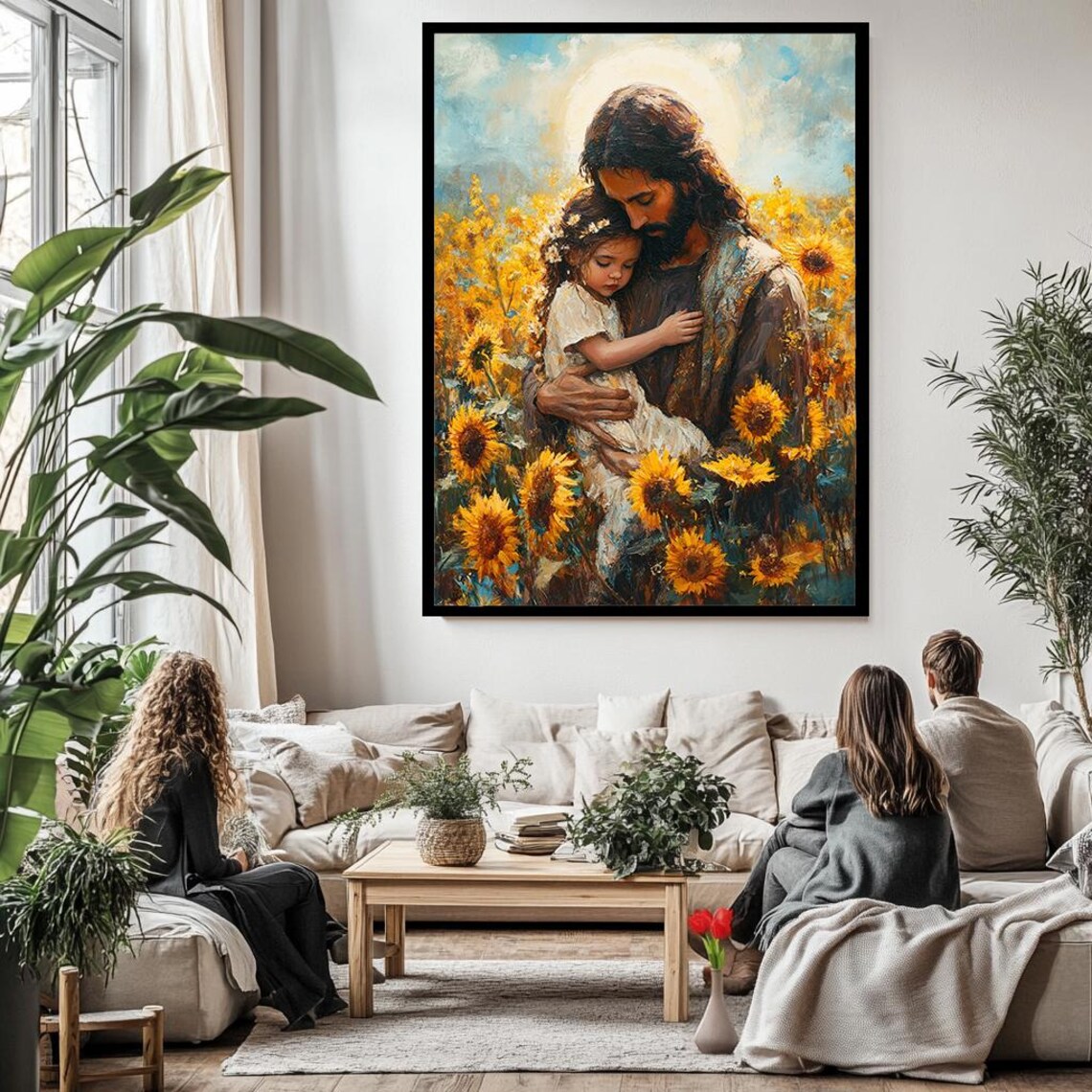 Jesus Embracing Child In Golden Sunflower Field Tender Christian Poster - Image 3