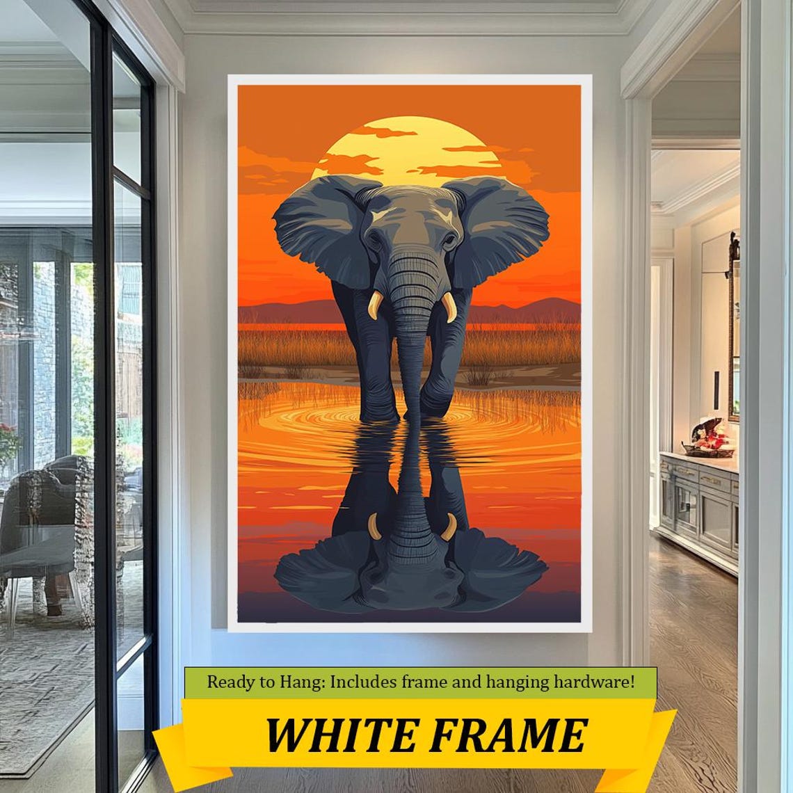 Elephant Sunset Savanna Orange Sun Water Reflection Wildlife Poster - Image 3