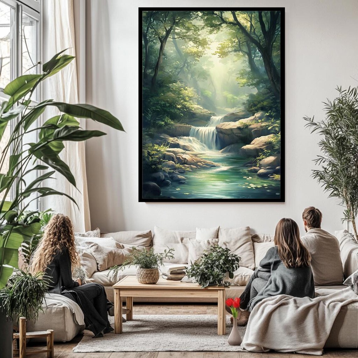 Tranquil Forest Waterfall Art Serene Nature Landscape Wall Decor For Living Room Bedroom Or Office - Image 3