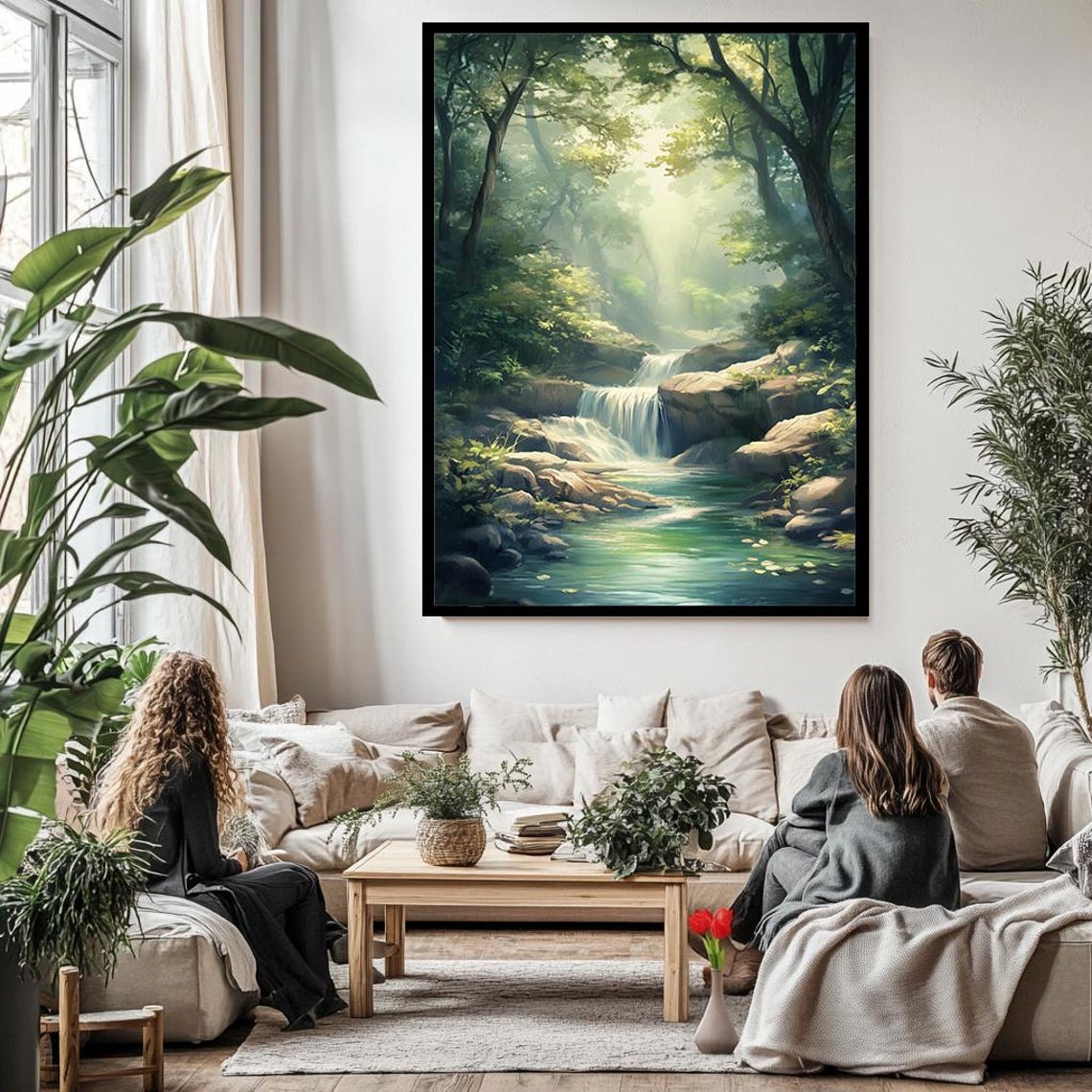 Tranquil Forest Waterfall Serene Stream Sunlight Green Nature Poster - Image 3