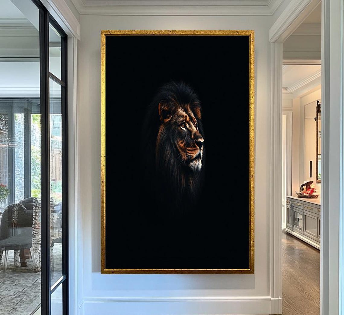 Majestic Lion Profile Portrait Dark Background Regal Wildlife Poster