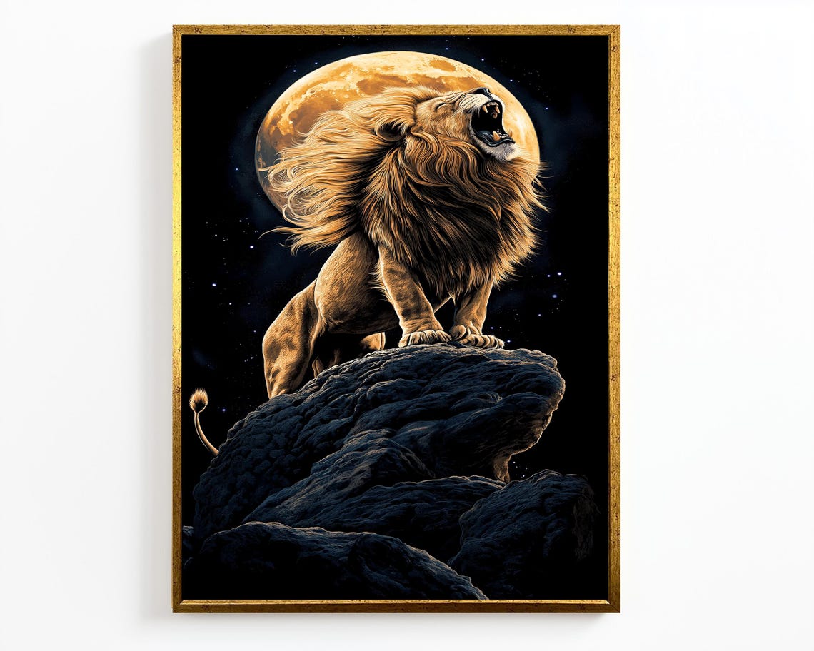 Roaring Lion Full Moon Night Rock Summit Majestic Wildlife Wall Poster - Image 4
