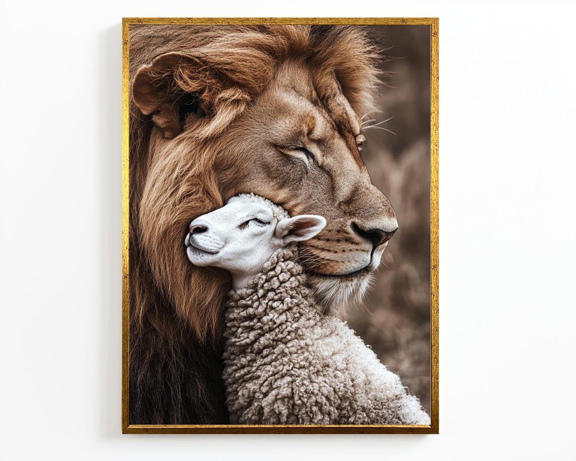 Lion And Lamb Embrace Peaceful Portrait Warm Faith Harmony Wall Art - Image 4