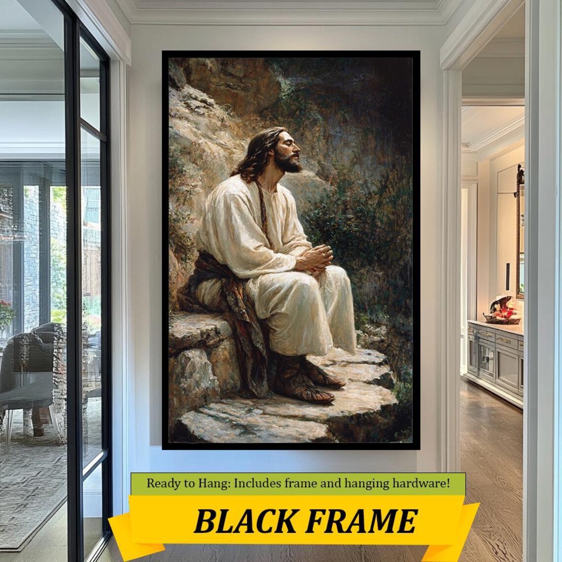 Jesus In Quiet Contemplation Seated On Rocks Peaceful Prayer Art Poster - Image 2