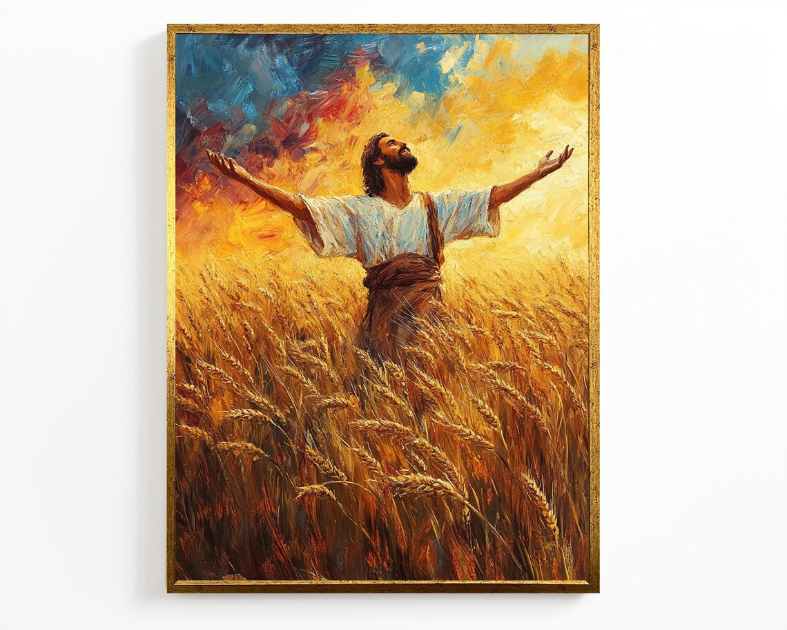 Jesus Arms Raised Golden Wheat Field Harvest Worship Painting Poster - Image 4