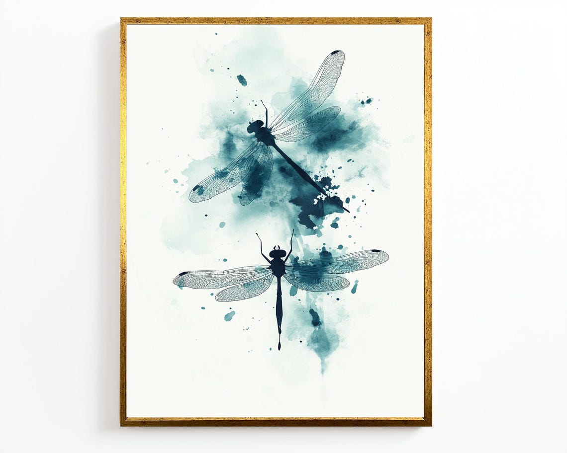 Teal Dragonfly Watercolor Pair Elegant Nature Insect Art Wall Poster - Image 4