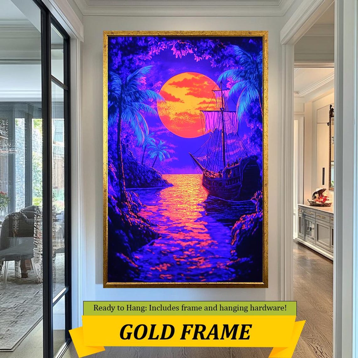 Neon Pirate Ship Sunset Ocean Moon Glow Tropical Retro Art Poster - Image 5