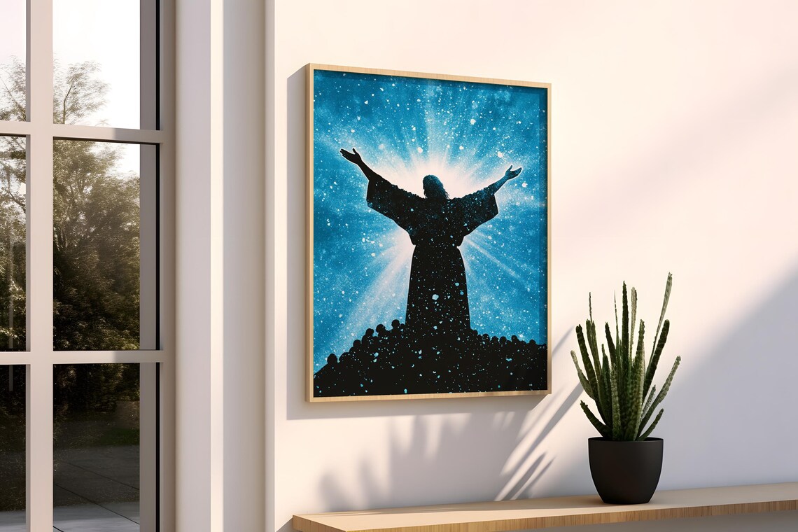 Jesus Christ Silhouette Starry Blue Sky Open Arms Faith Art Wall Poster - Image 3