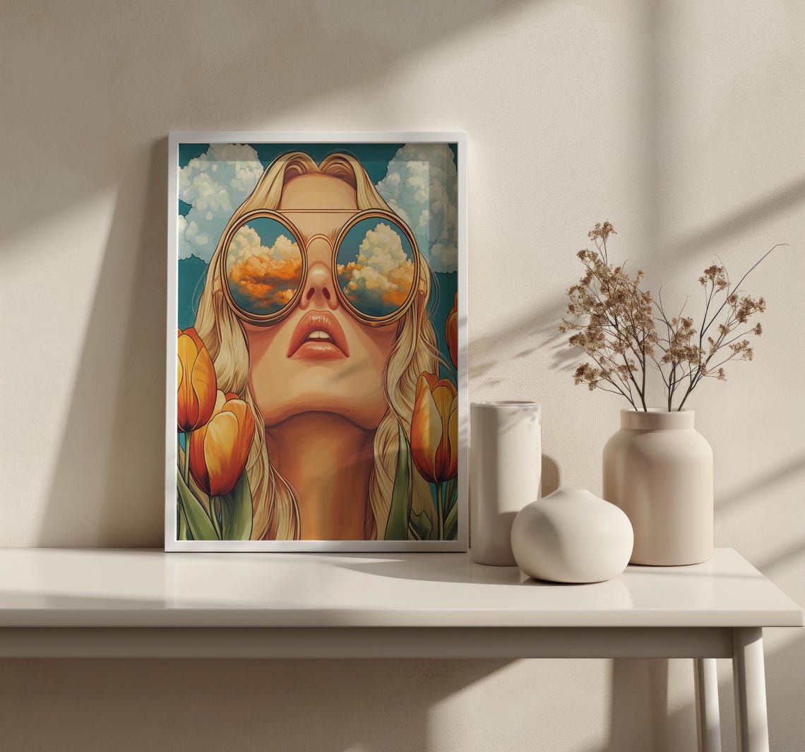 Retro Woman Cloud Sunglasses Orange Tulips Bold Pop Art Print - Image 5