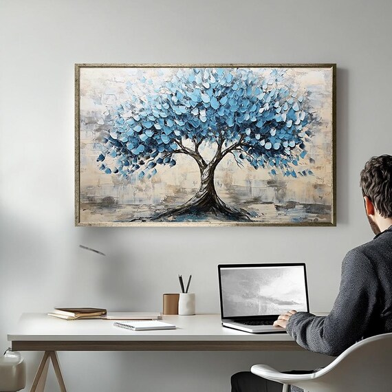 Abstract Blue Tree Painting Textured Palette Knife Wall Art Modern Nature Decor Elegant Blue Tree Minimalist Home Artwork