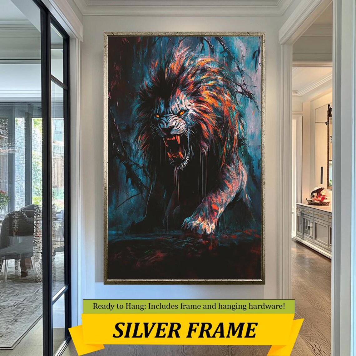 Roaring Lion Dark Jungle Painting Fierce Orange Black Wildlife Poster - Image 5
