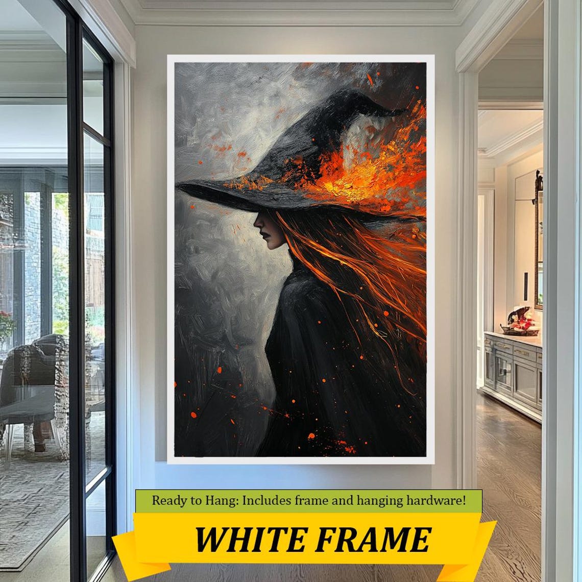 Mystical Witch Black Hat Fiery Flames Halloween Wall Art Poster - Image 2
