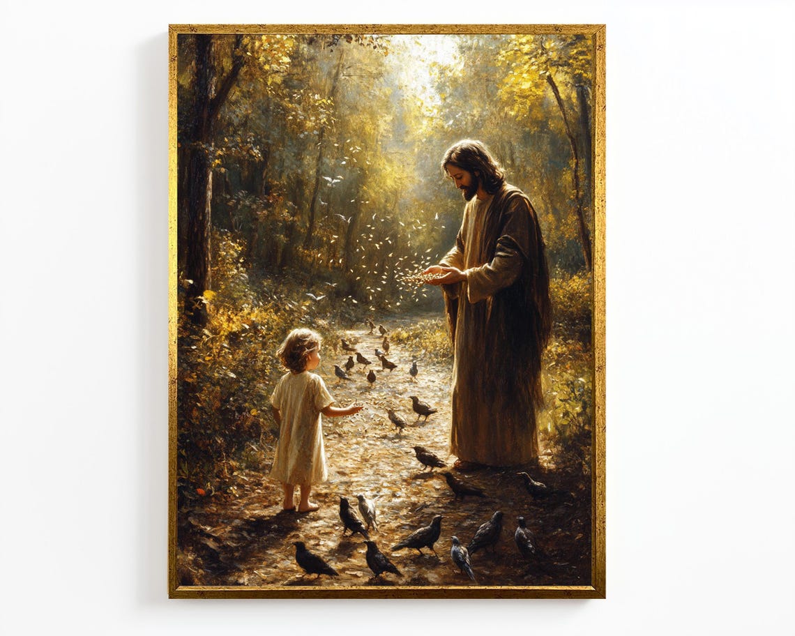 Jesus Feeding Birds With Child On Forest Path Dappled Light Wall Art - Image 4
