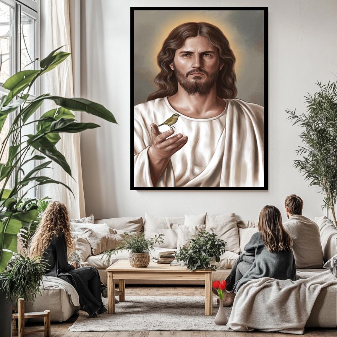 Jesus Christ With Halo Holding Small Bird On Hand Gentle Portrait Poster - Image 3