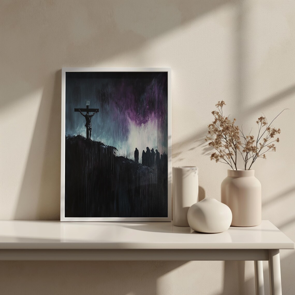 Crucifixion Cross Silhouette On Cliff Purple Stormy Sky Art Poster - Image 5