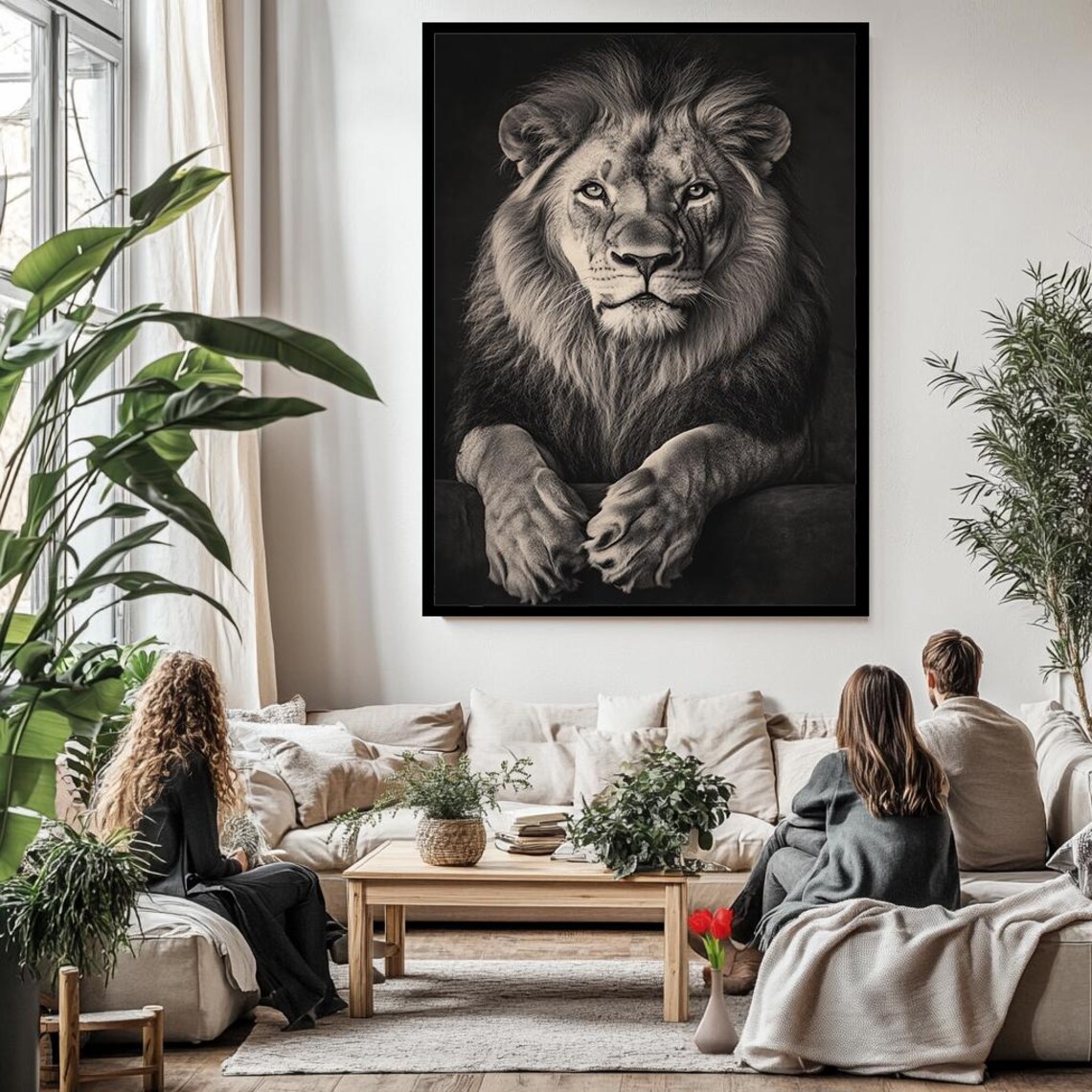 Black And White Lion Portrait Paws Resting Dark Majestic Wall Art - Image 3