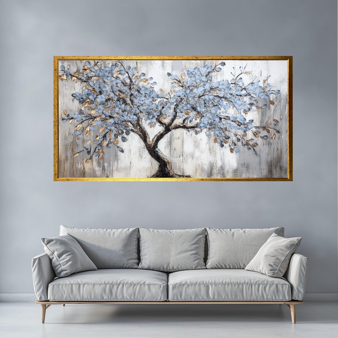 Textured Blue And Gold Tree Painting Modern Palette Knife Art Abstract Wall Decor Elegant Handcrafted Artwork For Home - Image 5