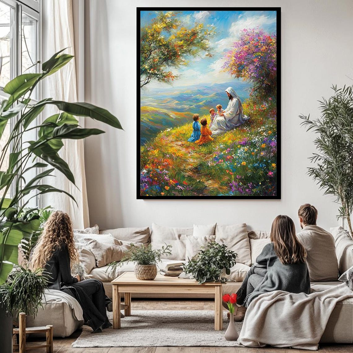 Jesus With Children On Flower Covered Hillside Valley Vista Art Print - Image 3