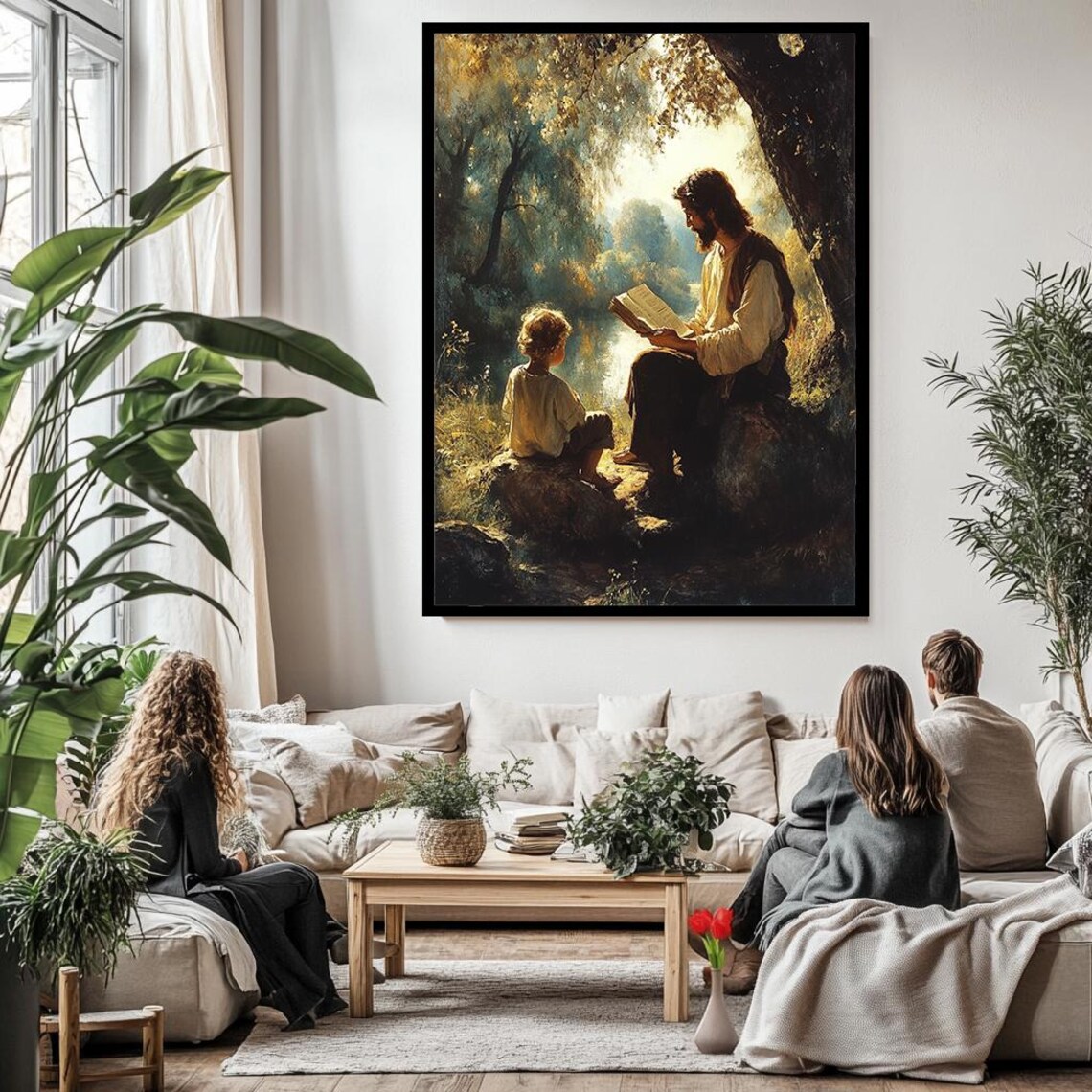 Jesus Teaching Child Reading Together In Peaceful Forest Setting Poster - Image 3