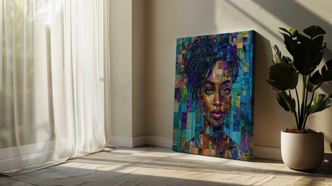 Mosaic Pixel Portrait Black Woman Teal Blue Purple Digital Art Poster - Image 2