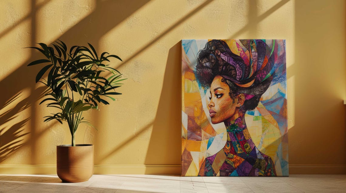 Black Woman Cubist Portrait Geometric Colorful Headwrap Art Poster