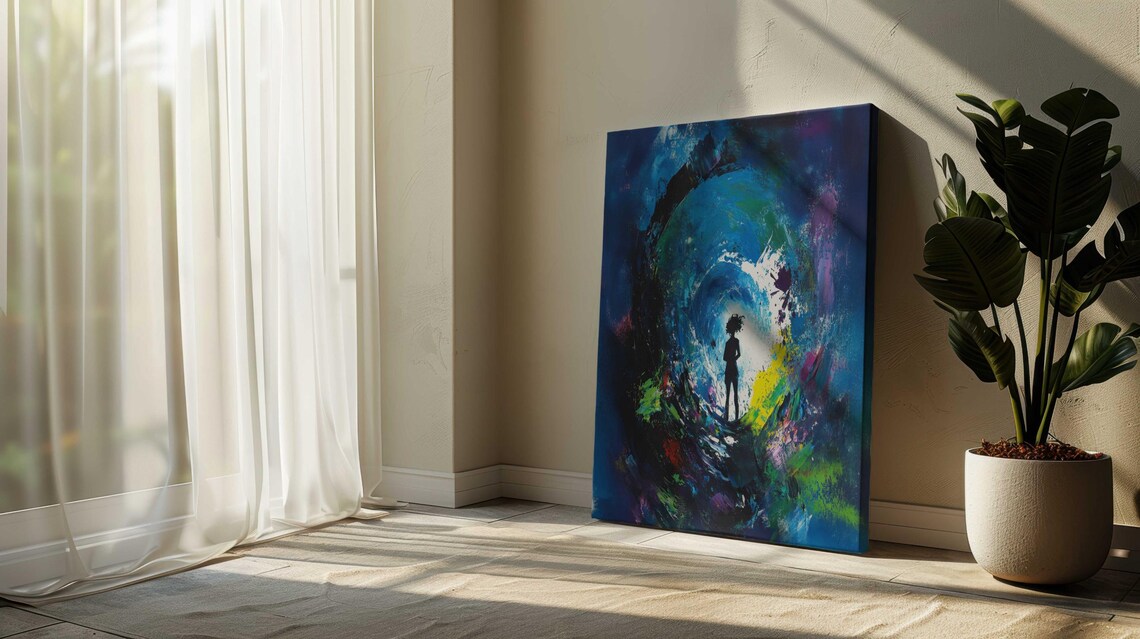 Abstract Figure Standing In Blue Vortex Swirl Tunnel Art Print Poster - Image 2