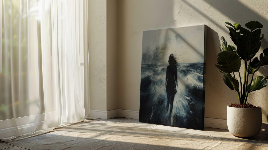 Woman Silhouette Stormy Ocean Waves Moody Gray Blue Seascape Poster - Image 2