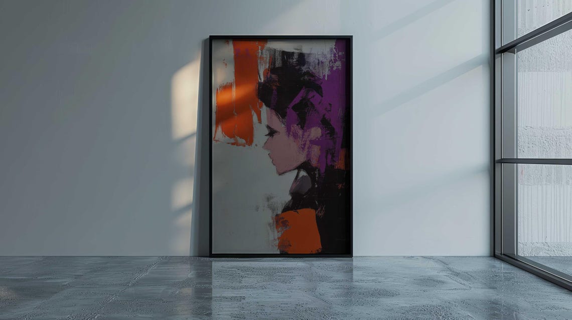 Expressionist Woman Profile Purple Orange Brushstroke Framed Poster