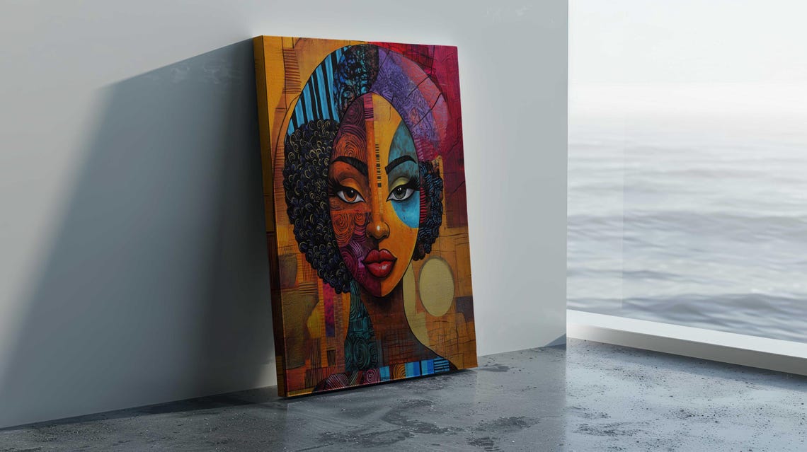 Bold Cubist African Woman Face Orange Blue Purple Patterned Wall Art