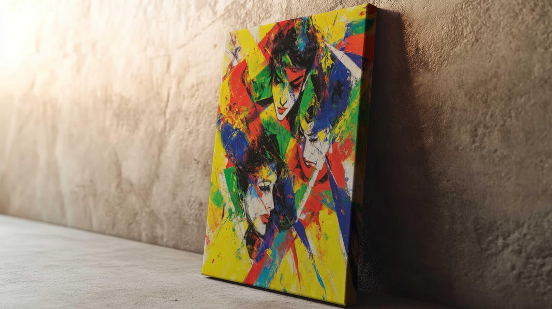 Bold Abstract Expressionist Three Faces Yellow Red Blue Art Poster - Image 2