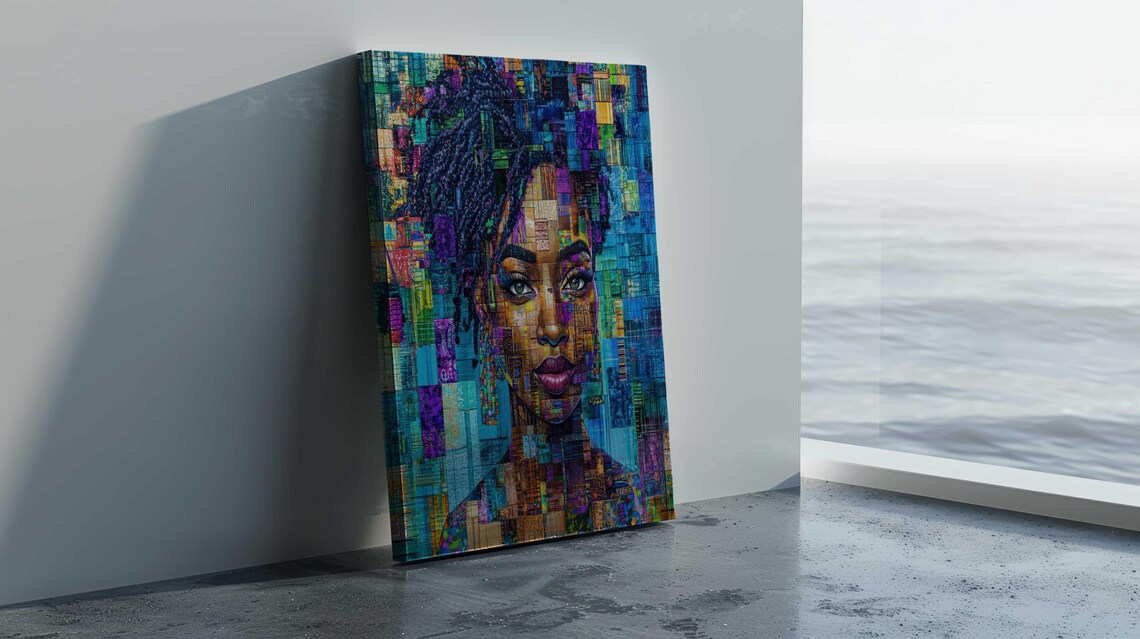 Mosaic Pixel Portrait Black Woman Teal Blue Purple Digital Art Poster - Image 4