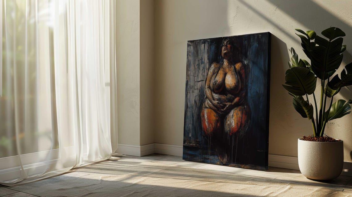 Plus Size Nude Woman Seated Dark Blue Orange Expressionist Art Poster - Image 2