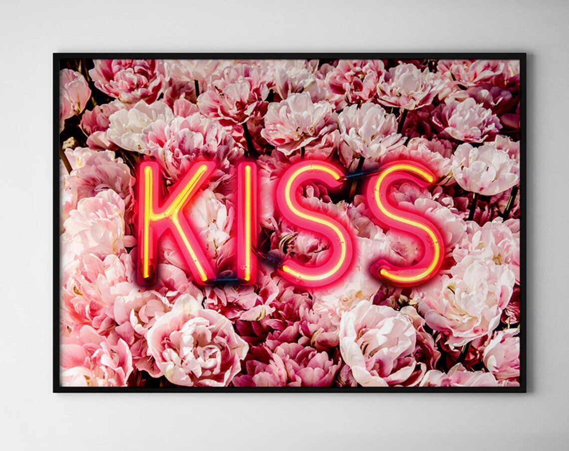 Kiss Neon Sign Roses Art Print, Wild Love Slogan