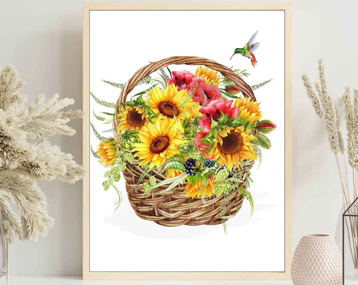 Sunflower Basket Poppies Hummingbird Summer Floral Art Print - Image 3