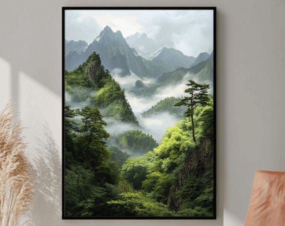 Forest Mountains Print Foggy Mountain Landscape Large Wall Art Green Forest Landscape Print Nature Picture