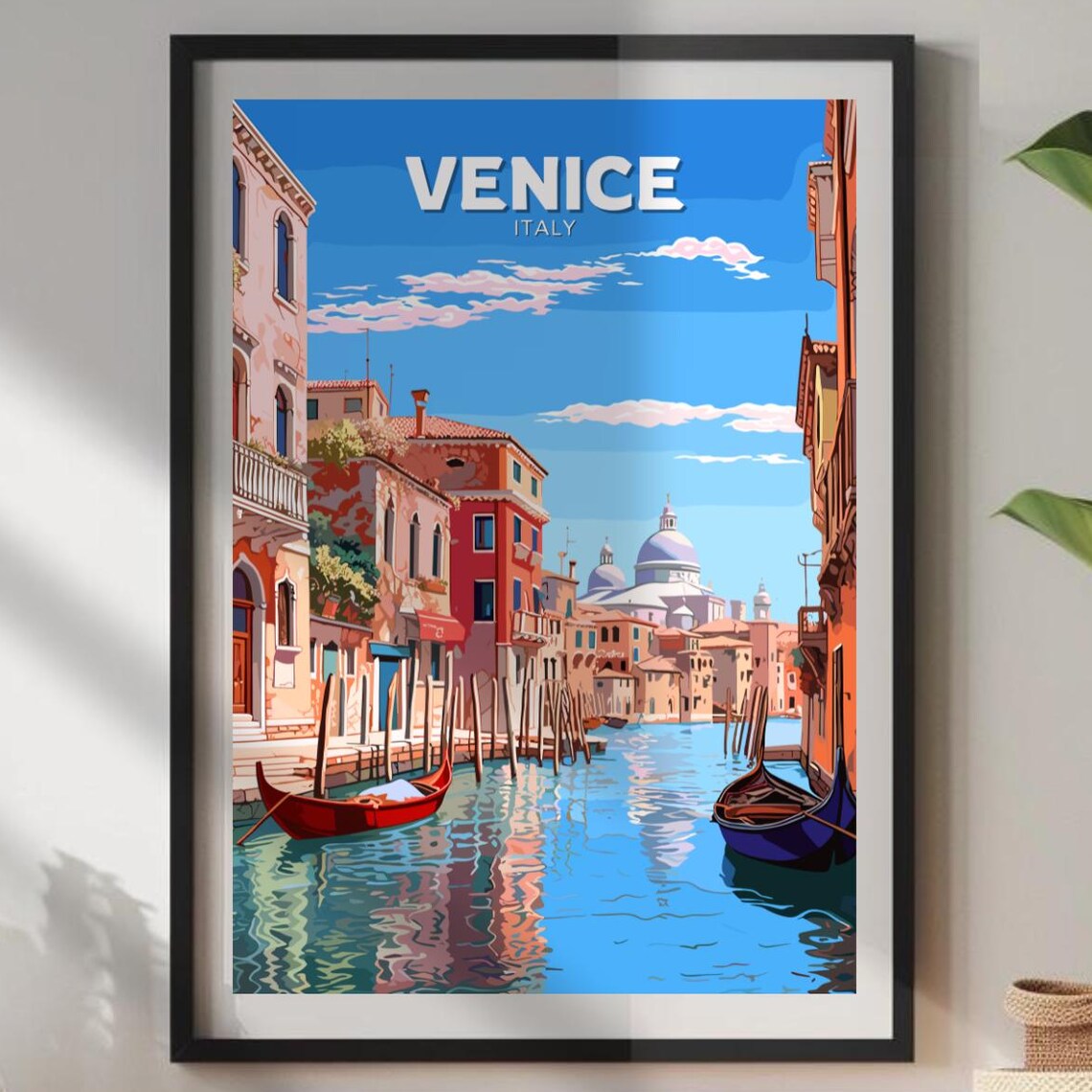 Venice Italy Canal Gondolas Basilica Domes Sunny Travel Poster