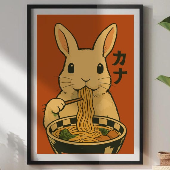 Rabbit Eating Ramen Poster Cute Bunny Wall Art Japanese Food Illustration Kawaii Lover Print Whimsical Animal Kitchen Decor