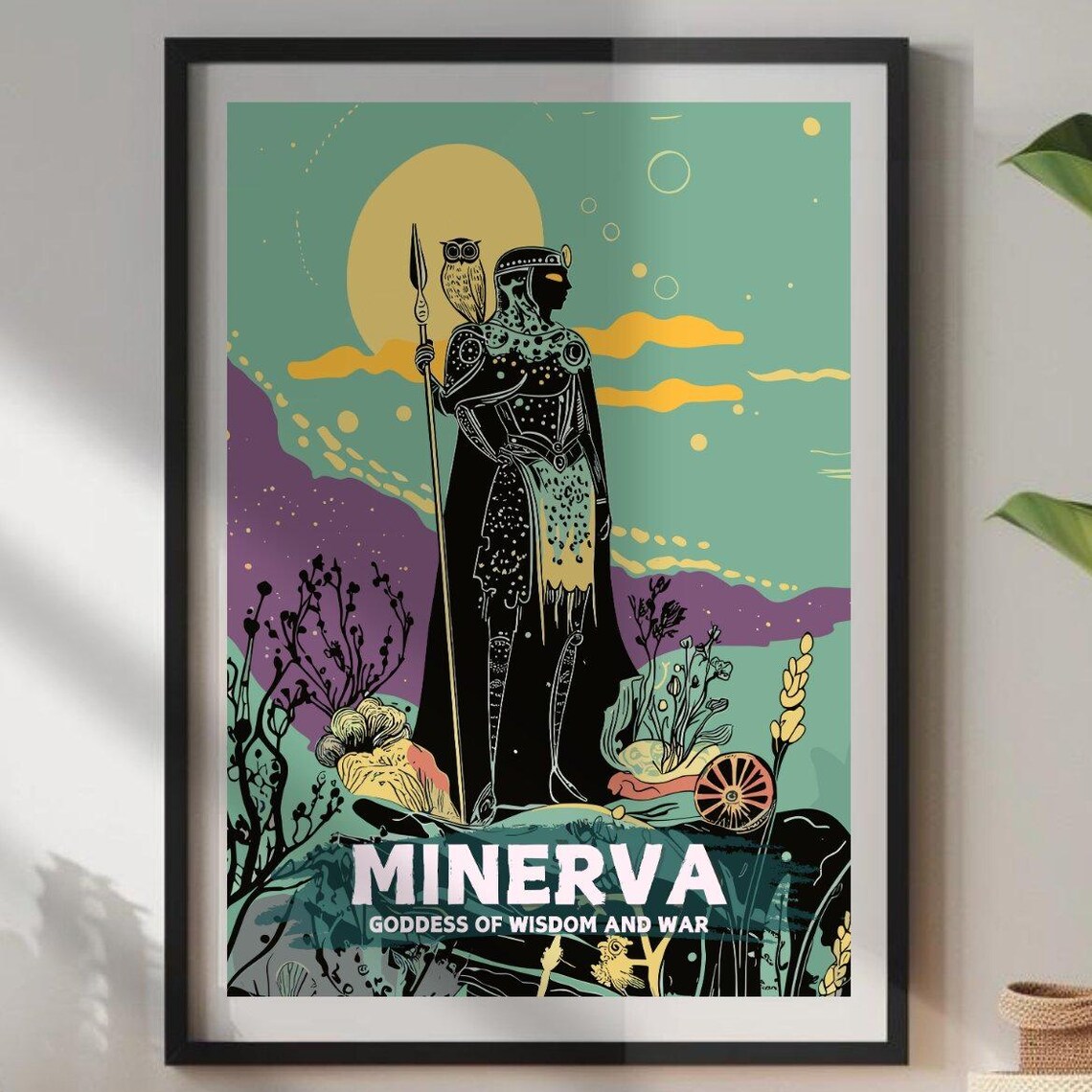 Minerva Roman Goddess of Wisdom and War Owl Spear Art Poster