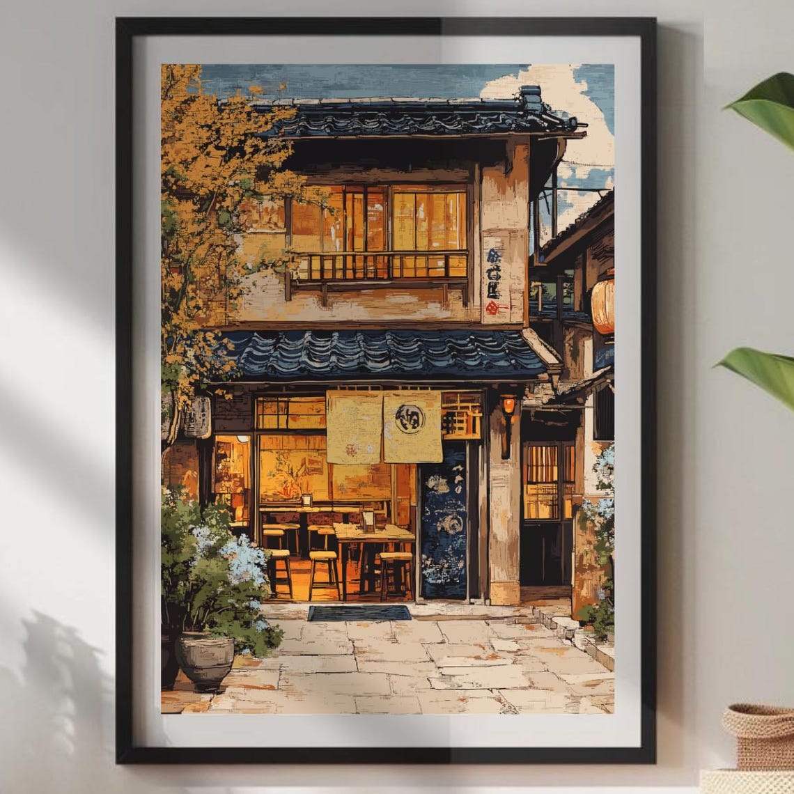 Warm Japan Restaurant Noren Curtain Stone Path Evening Art Poster