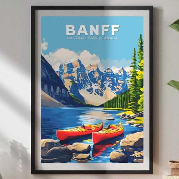 Banff National Park Canada Red Canoes Mountain Lake Travel Poster