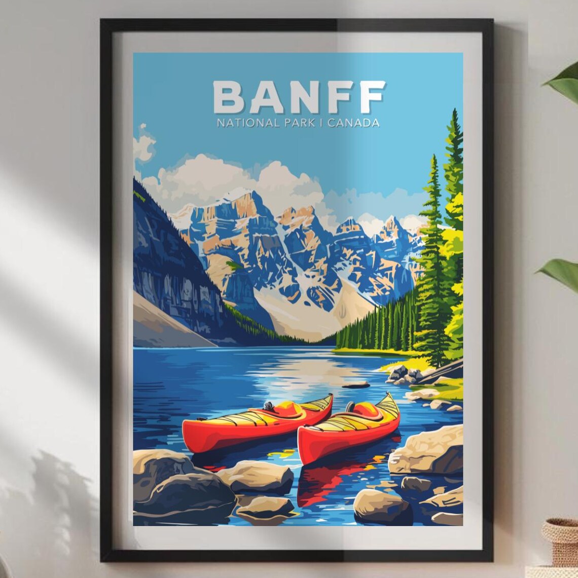 Banff National Park Canada Red Canoes Mountain Lake Travel Poster