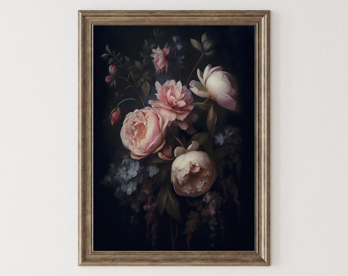 Dark Moody Peony Floral Oil Painting Black Background Decor Poster
