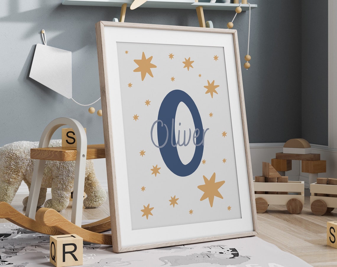 Milo Personalized Name Initial Blue Stars Nursery Baby Poster - Image 4