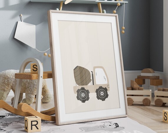 Beige Cement Mixer Truck Nursery Kids Construction Art Poster