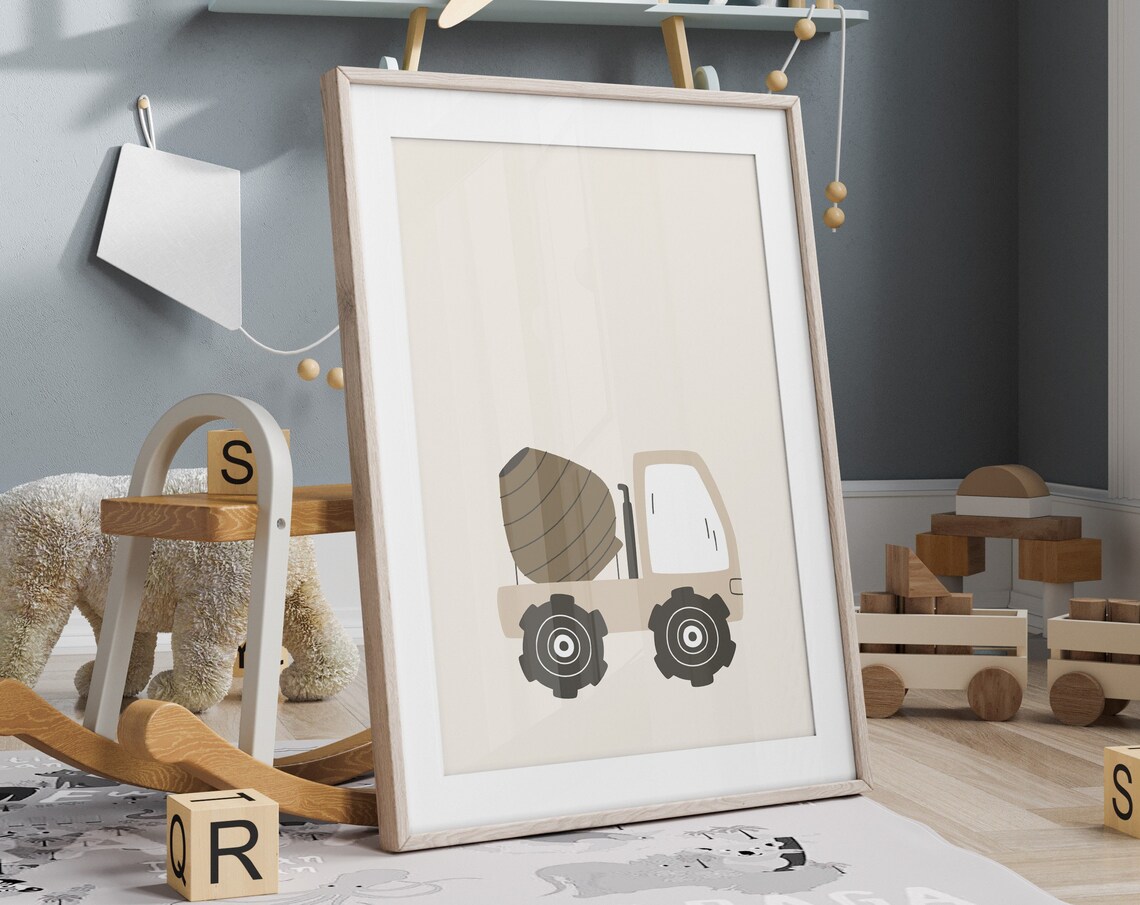 Beige Cement Mixer Truck Nursery Kids Construction Art Poster