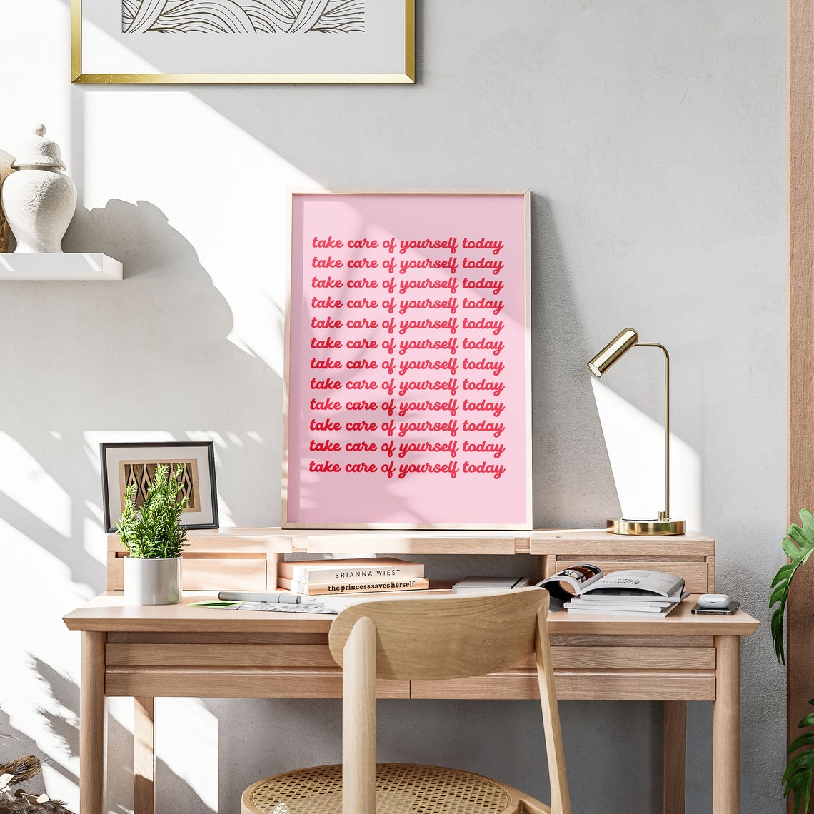 Take Care Of Yourself Today Repeating Script Quote Poster Pink Decor - Image 2