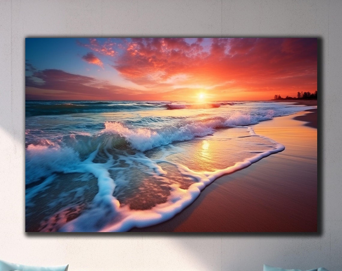 Crimson Sunset Beach Rolling Waves Warm Sand Coastal Art Wall Poster